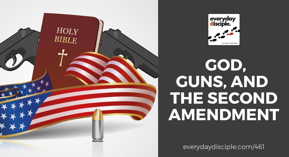 The Bible, two pistols and an American flag displayed to show the connection and confusion with Christianity and gun laws.