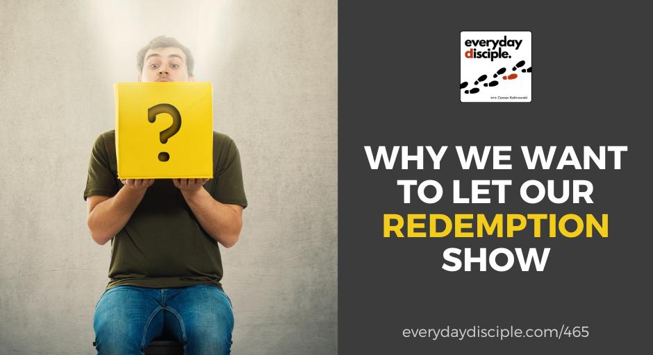 A young man sitting holding a yellow sign with a question mark on it, as he considers all the ways God is redeeming his life.