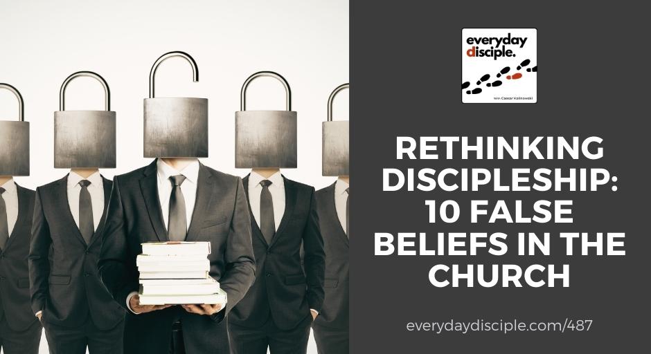 A row of pastors with padlocks in place of their heads. The one in the center has his lock unopened and he is holding a stack of books as he rethinks the meaning of discipleship.