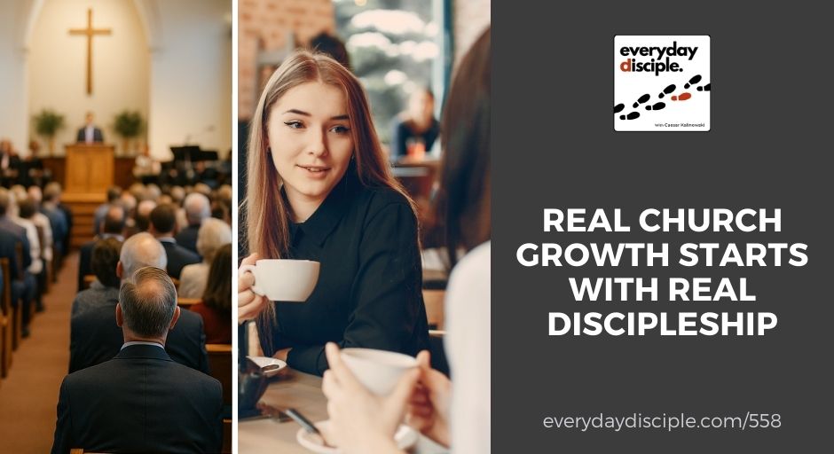 Split image showing a church service with a pastor preaching to a congregation on the left, and two women having a personal conversation over coffee on the right.