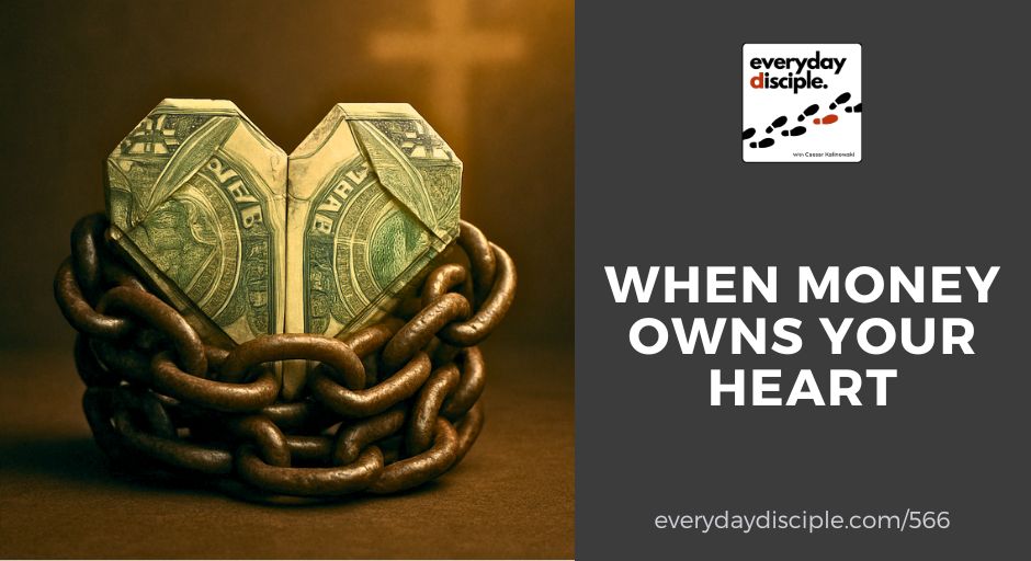 A heart made from an origami-folded U.S. dollar bill, wrapped in heavy metal chains, symbolizing bondage from money and wealth