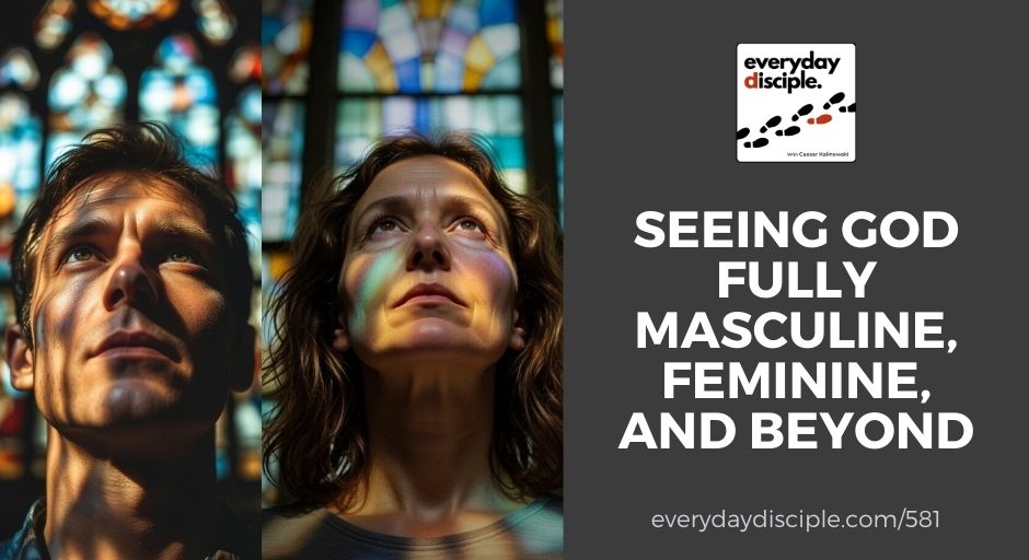 A close-up of a man and a woman illuminated by stained glass inside a church, both looking upward thoughtfully.