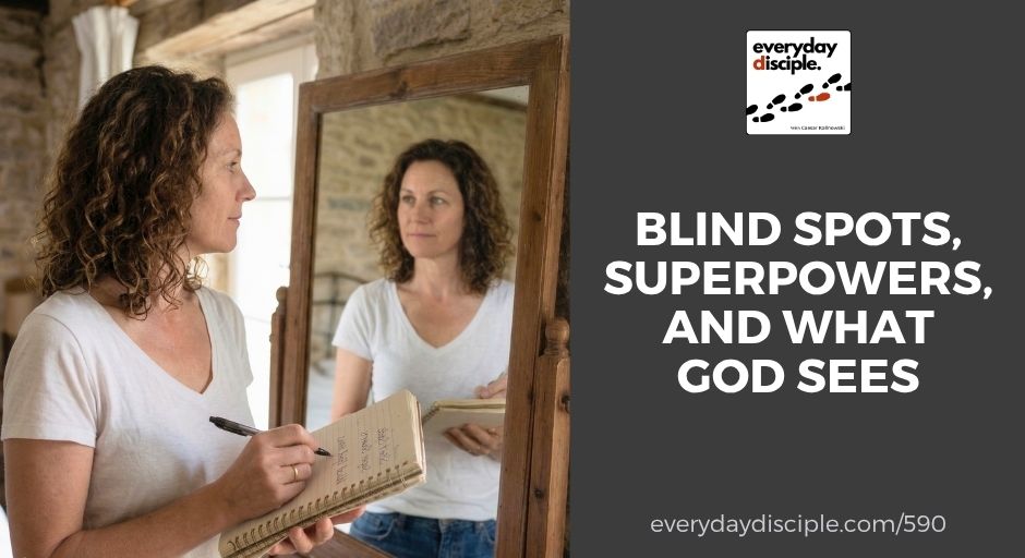 A woman studies her reflection while taking notes in a journal, suggesting self-reflection and awareness.