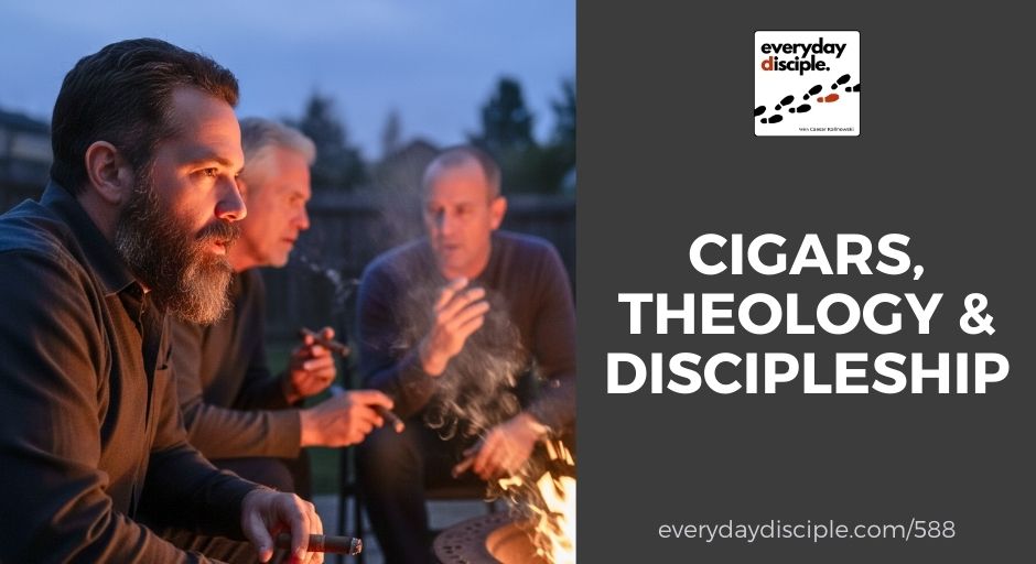 Men gathered around a backyard fire pit smoking cigars and talking about faith.