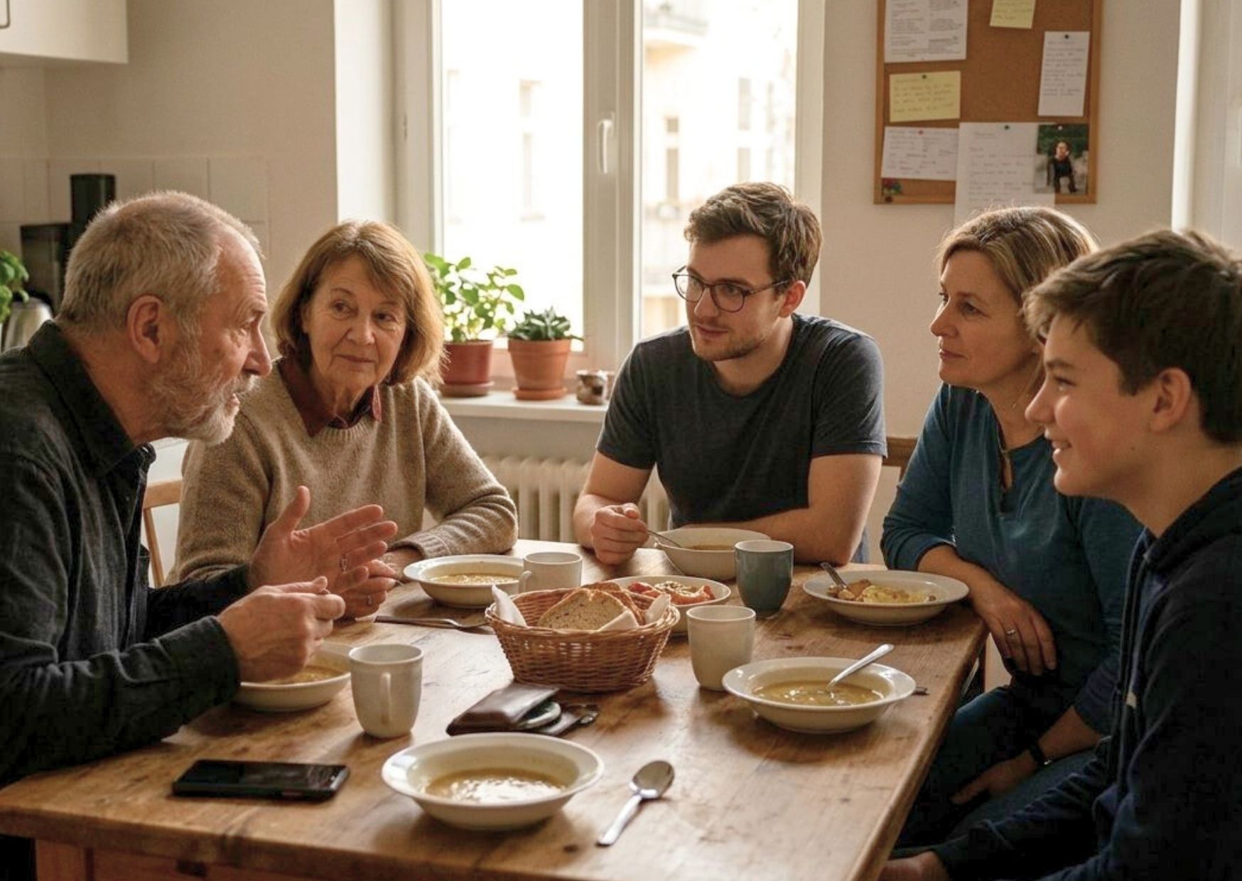 A small group of people sharing a meal together around a kitchen table, engaged in real conversation
