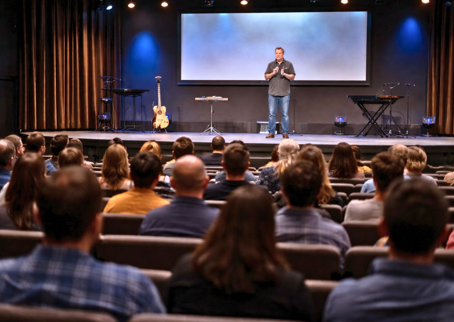 A quiet church service scene with a pastor standing alone on stage speaking into a microphone while the congregation sits facing forward in rows.
