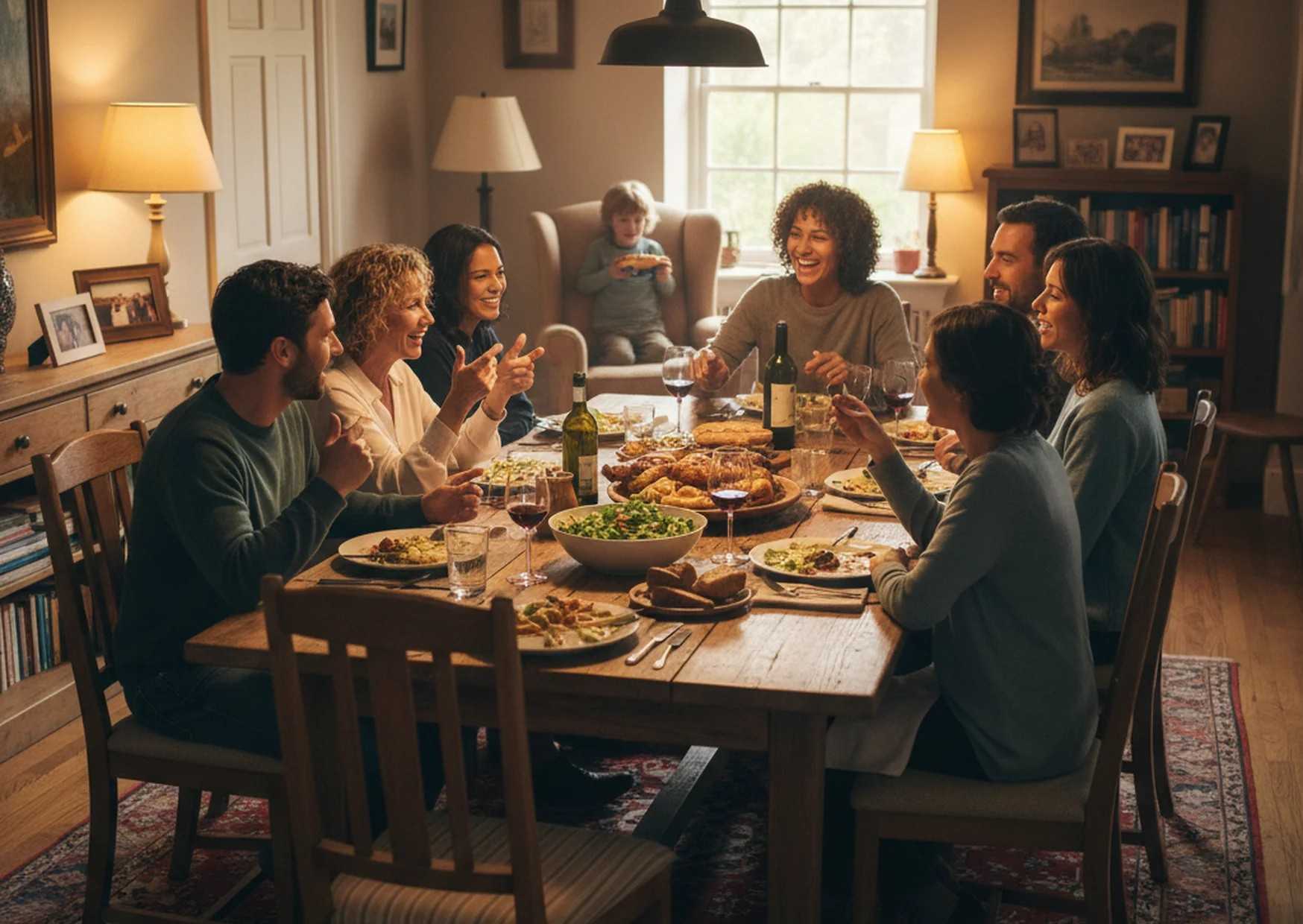 A diverse group of friends gathered around a kitchen table sharing a meal and laughing together.