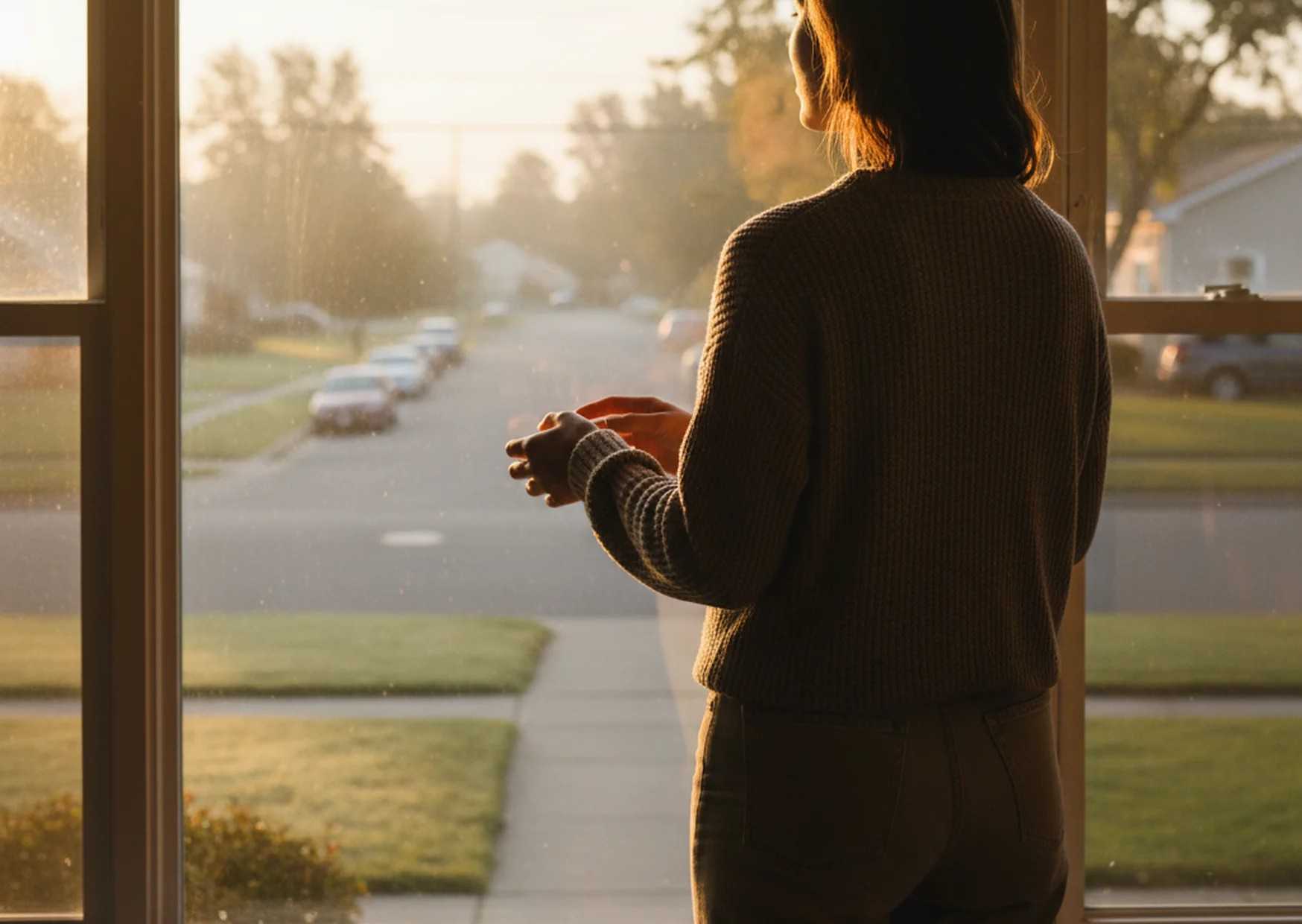 Person sitting quietly with open hands in soft morning light, in a posture of prayer and listening.