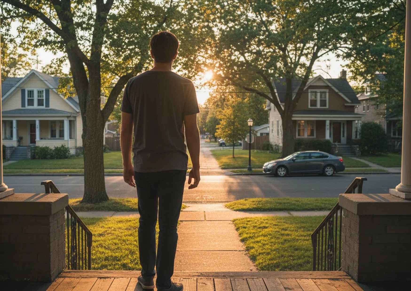 Person stepping out of a front door toward a quiet, sunlit neighborhood street.