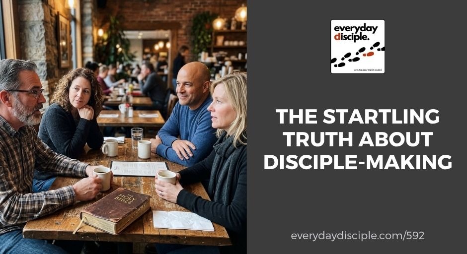 Four adults share conversation over coffee at a café table with a Bible present, representing community and discipleship.