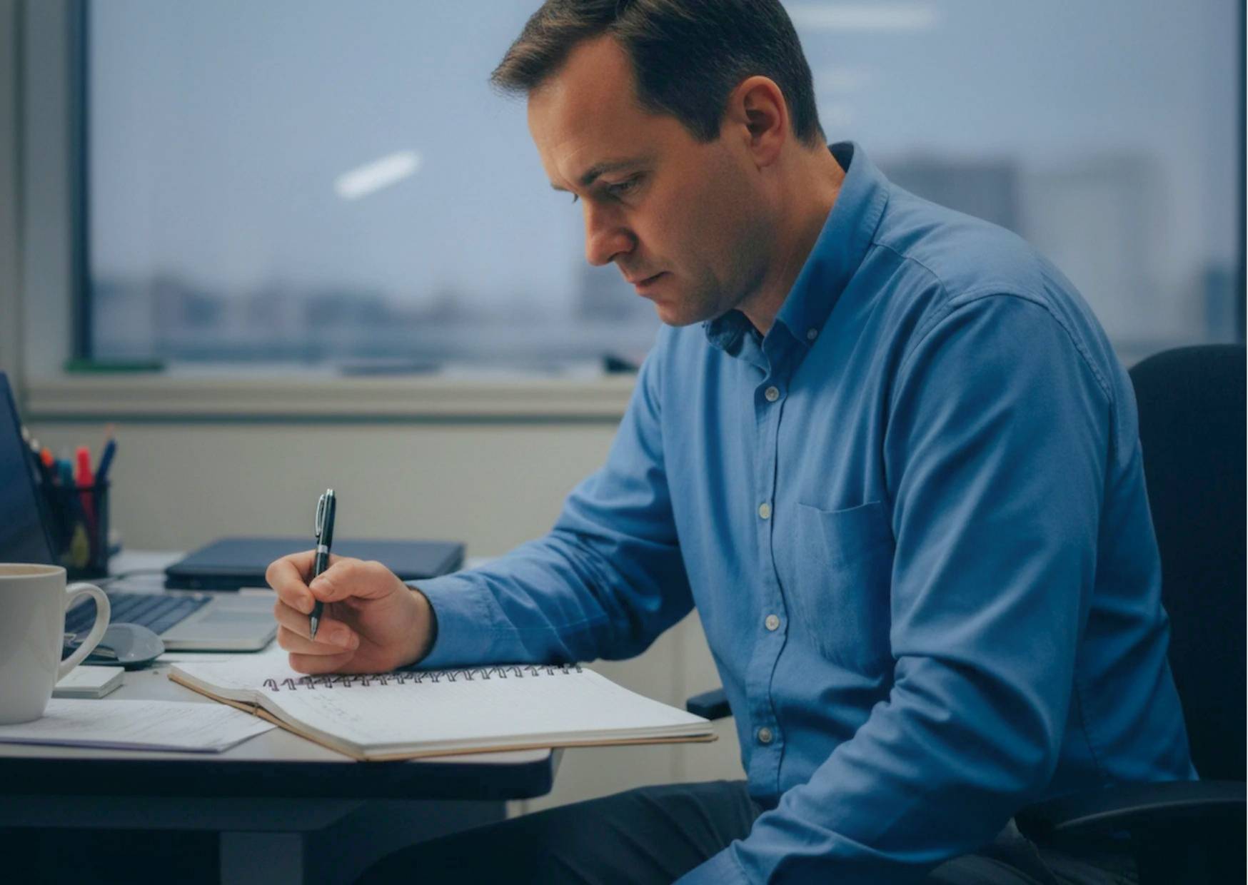 Pastor sitting alone at desk reviewing church metrics