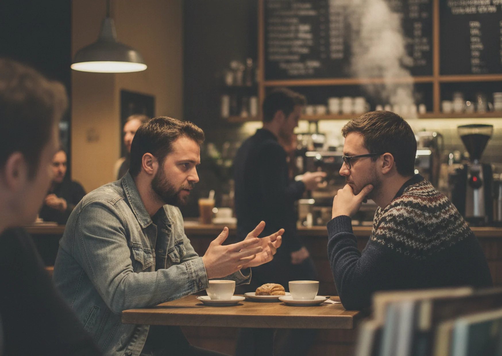 Two men in honest conversation at a coffee shop, one leaning in, both engaged