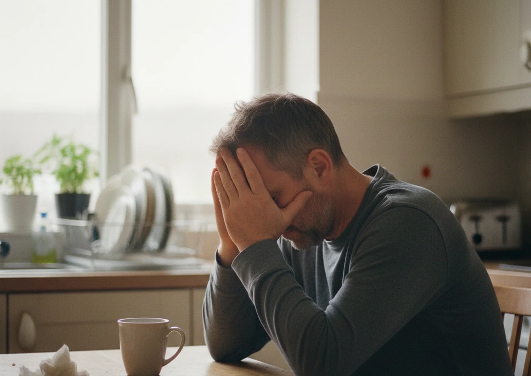 A man sits at a kitchen table in the early morning, head down, feeling the weight of repeated failure