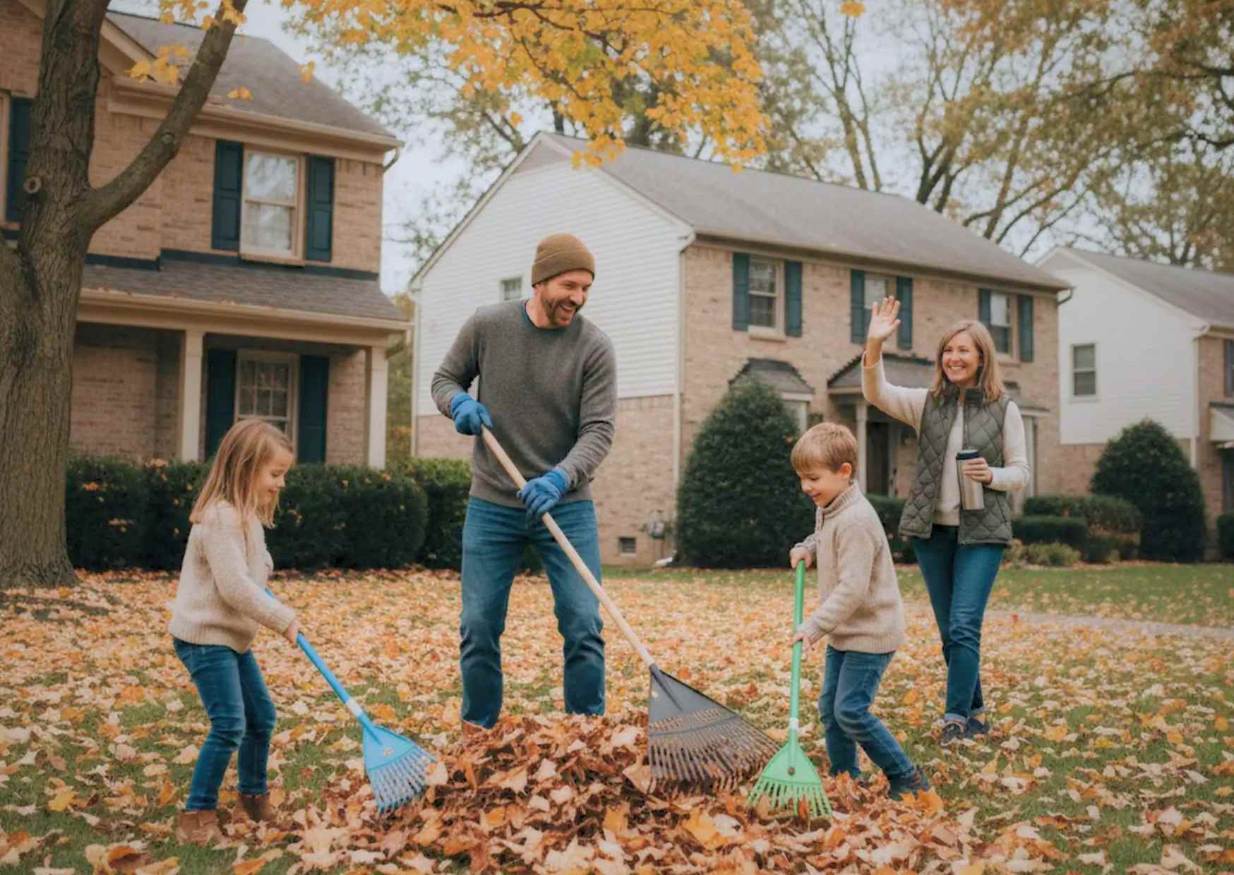 A dad and a couple of kids doing yard work together while a neighbor walks over — someone's just joining what's already happening, not a formal gathering