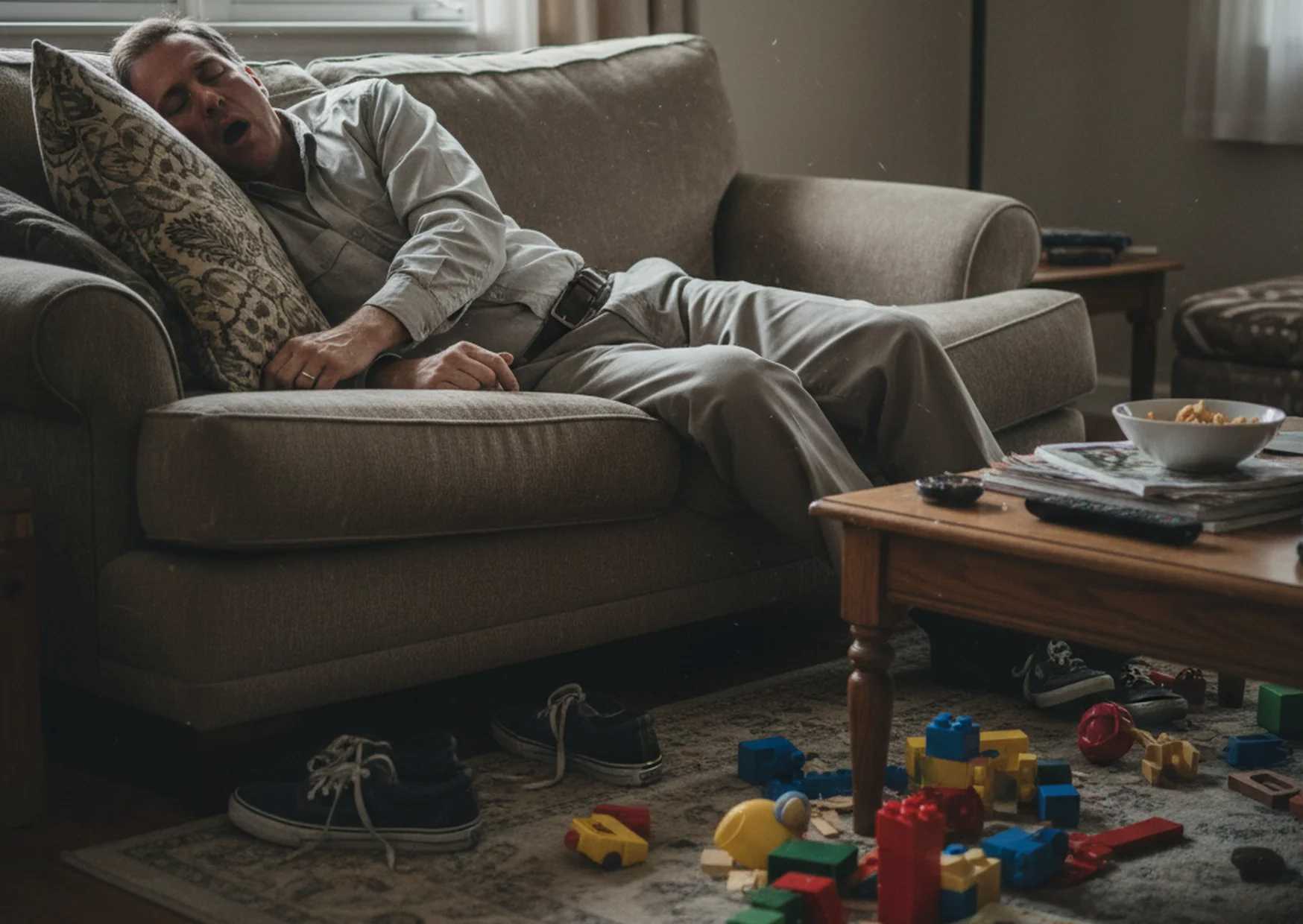 An exhausted parent laying on the sofa, phone face-down, visibly worn out, papers or a planner open beside them — the fatigue of trying to hold too many things together