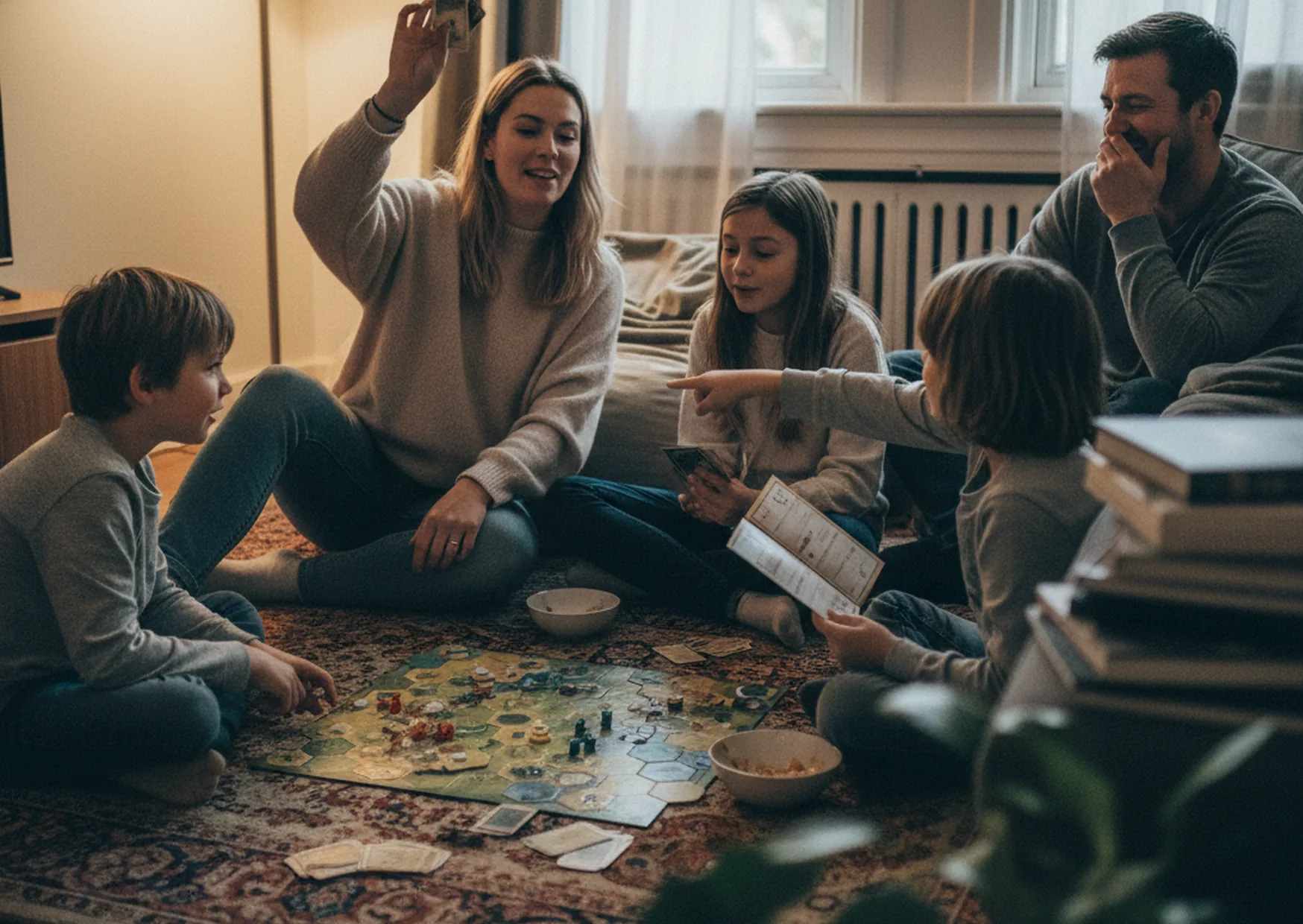 A family doing something ordinary together at home — cooking, a board game, a small fix-it project — captured from across the room, slightly imperfect, clearly real life