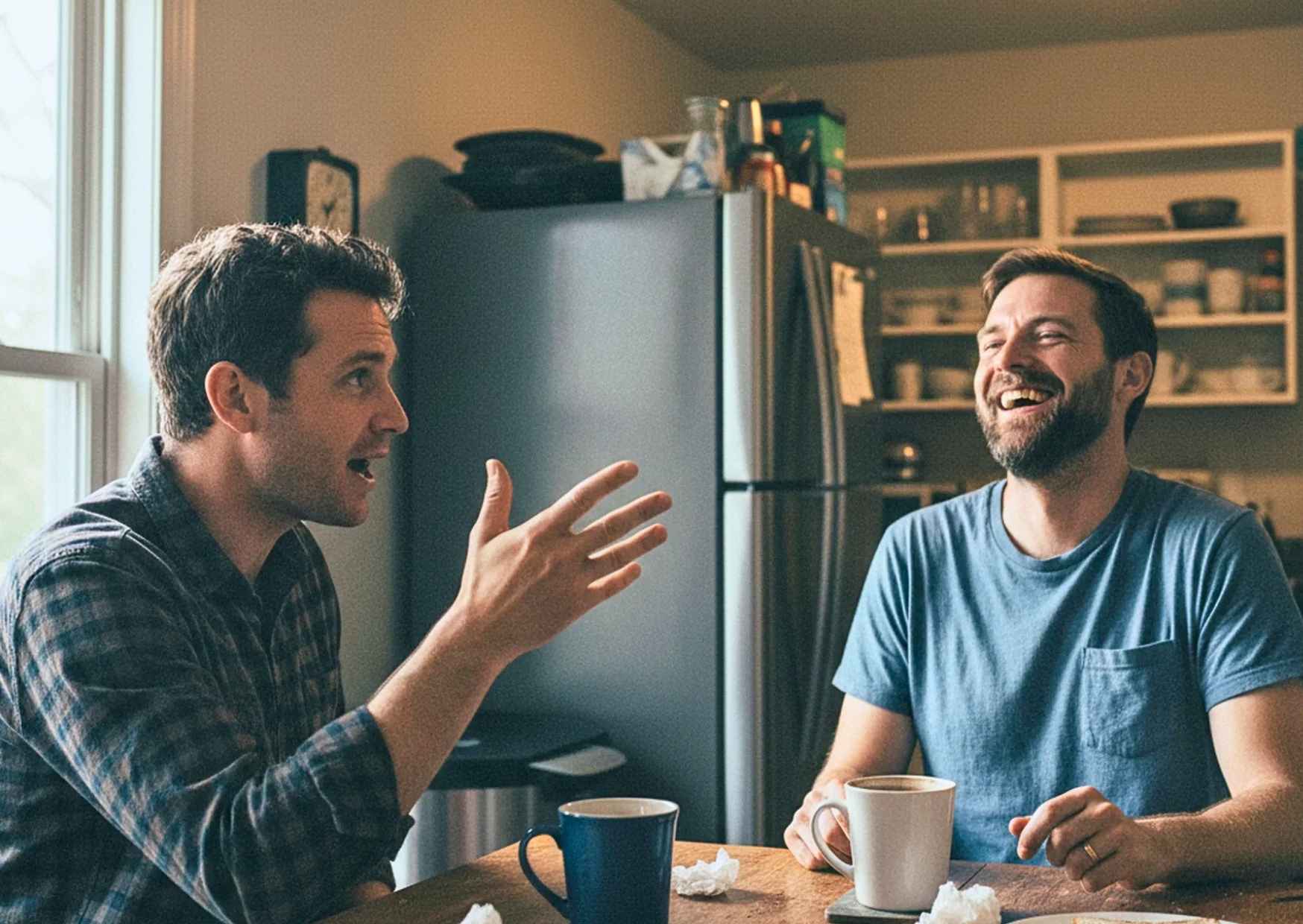 Two people having genuine conversation over coffee at home