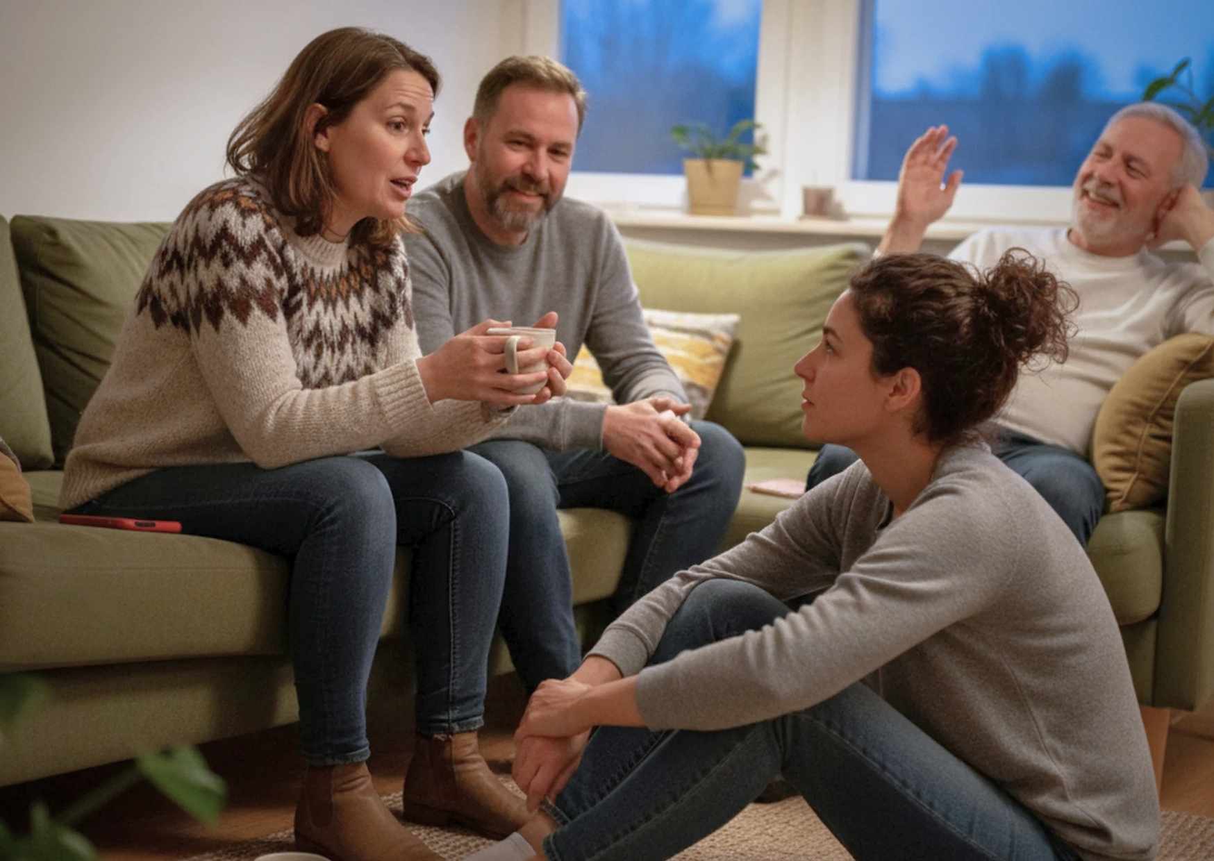 Small group of friends in natural conversation around a dining table