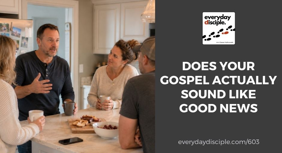 Casual gathering in a kitchen with people sharing coffee and conversation, reflecting community and authentic faith dialogue.