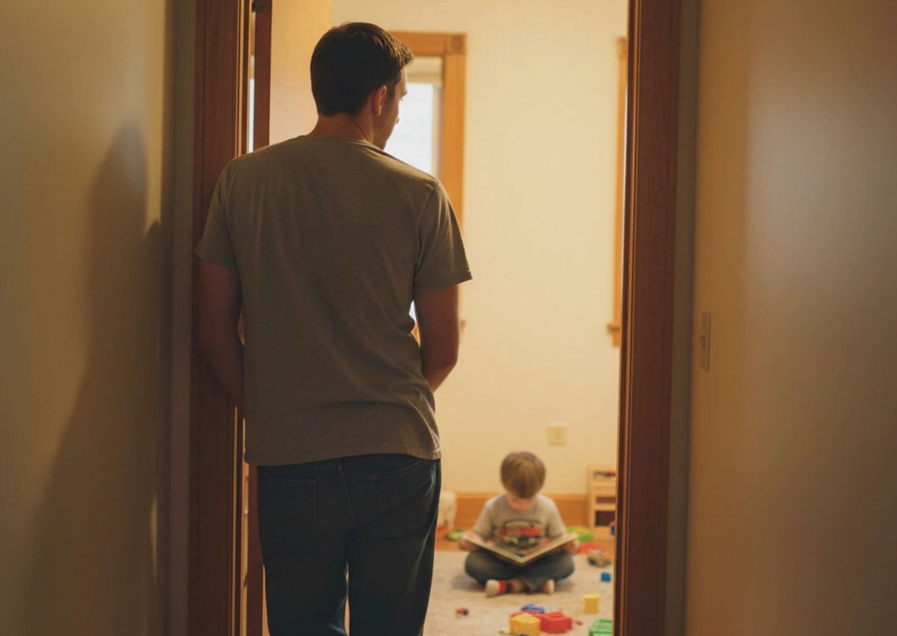 Parent looking in at child playing in bedroom