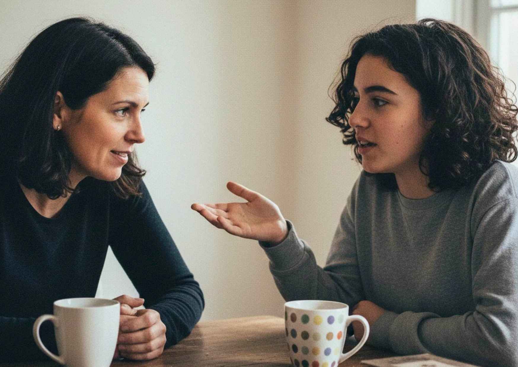 Parent listening intently to teenage child on dinner table