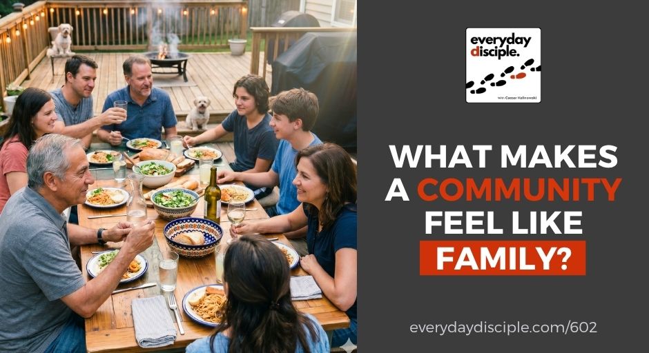 Multi-generational group sharing a meal together on a backyard deck, illustrating community, connection, and a family-like atmosphere.