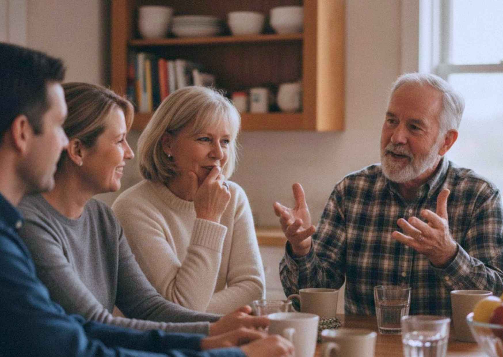 Adults around a dinner table lighting up as they discover a shared connection