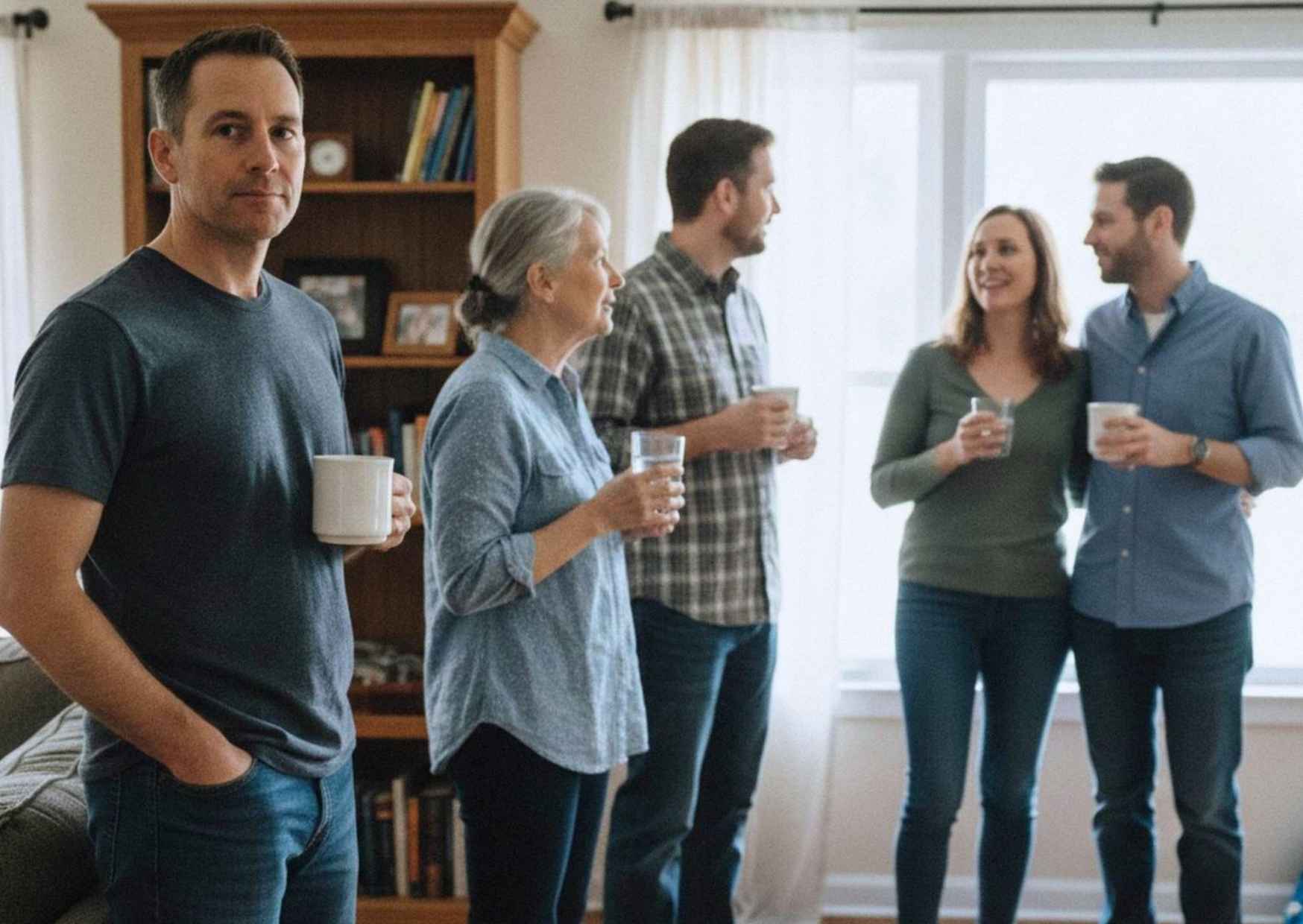 A man at a house gathering stands at the edge of the group, mug in hand, wanting to truly connect