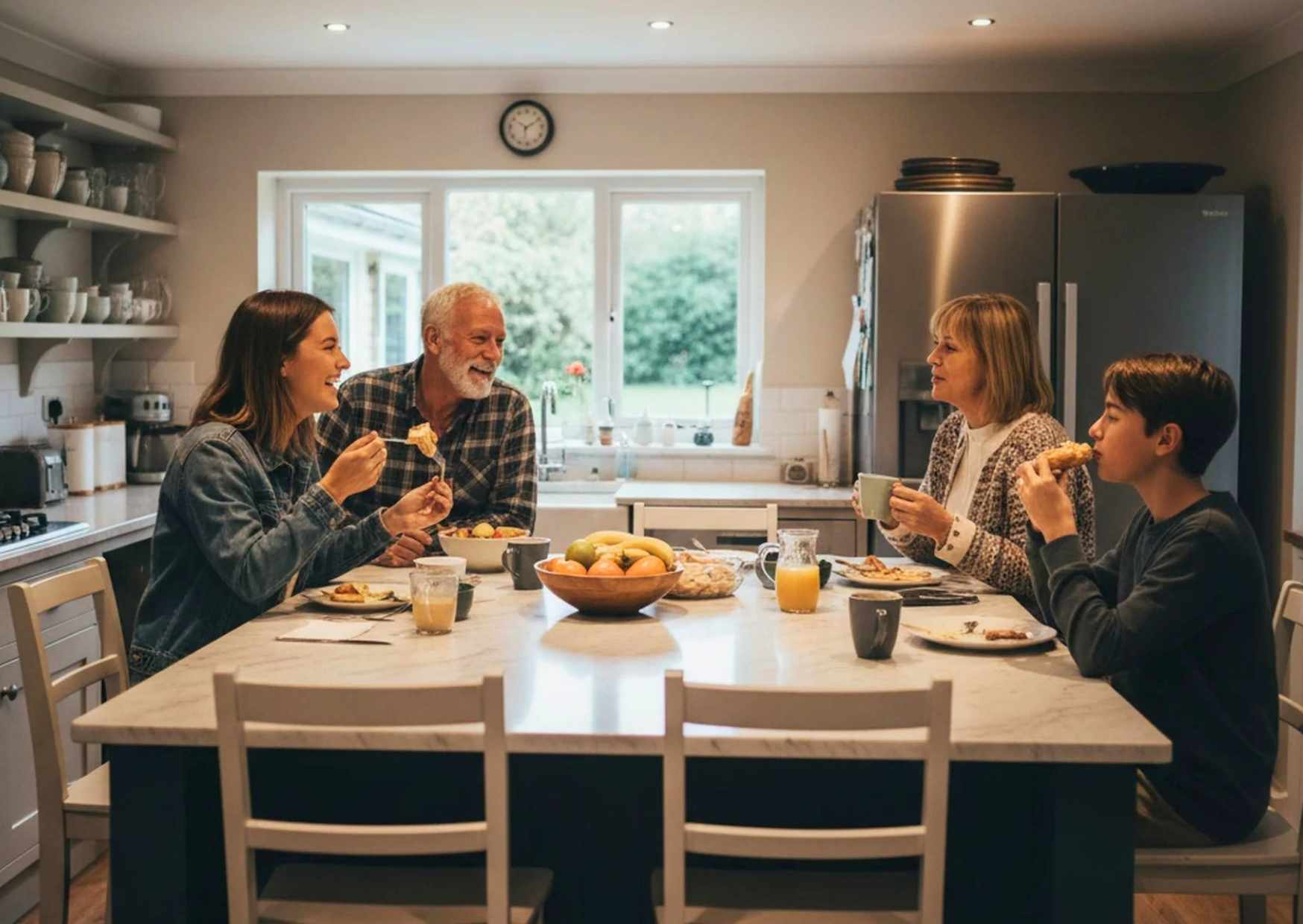 Adults in casual kitchen conversation, genuine and unposed