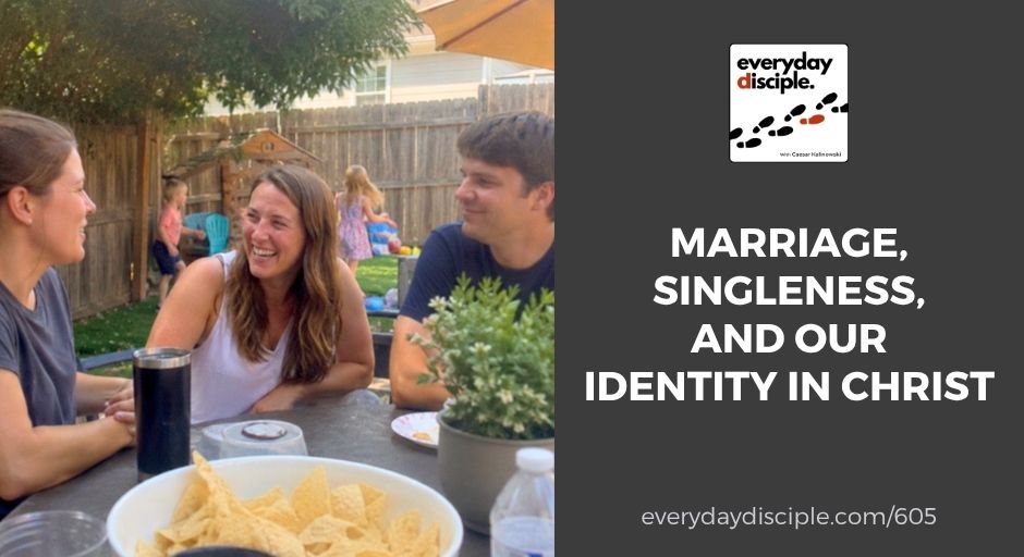 A married couple and their friend gather for meaningful conversation in a backyard while their children play nearby, reflecting community across different life stages, including marriage and singleness