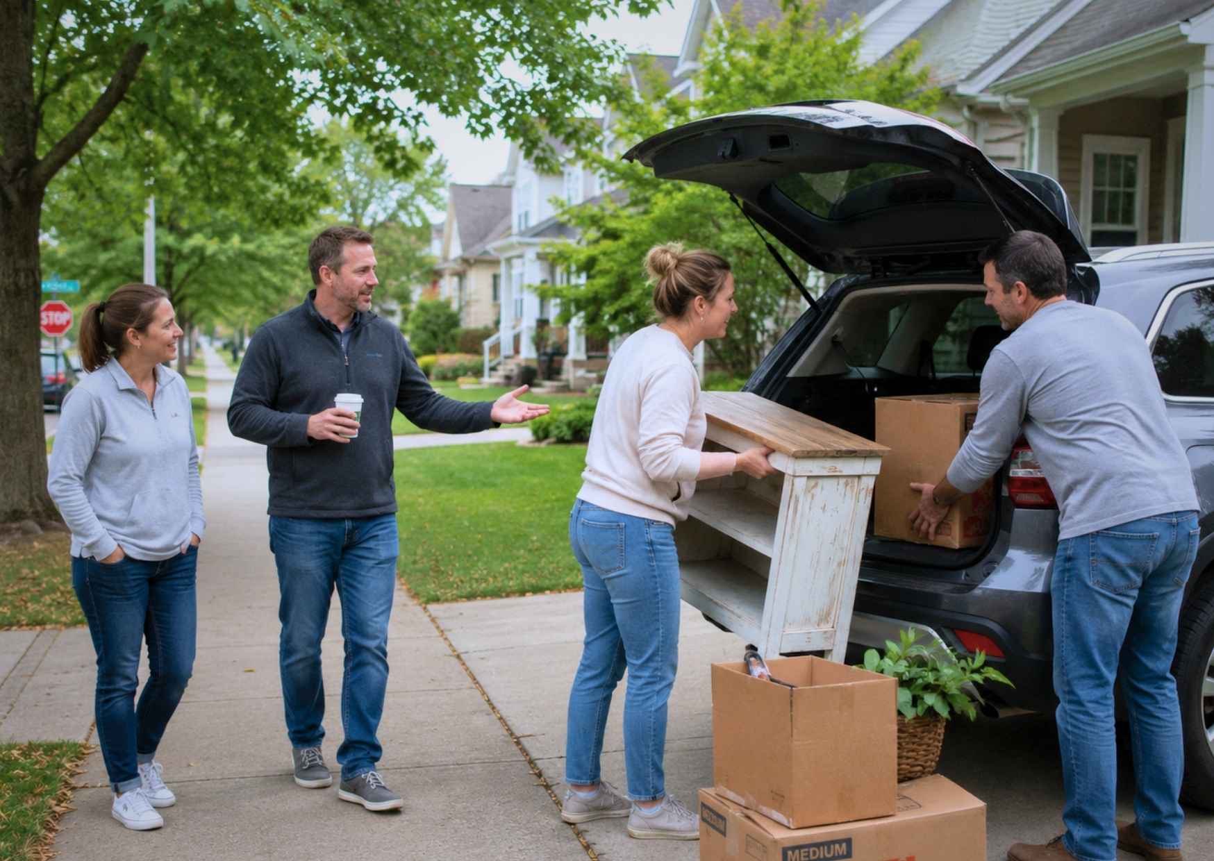 A couple asking to help their neighbor load several bulky everyday items into the back of a pickup truck