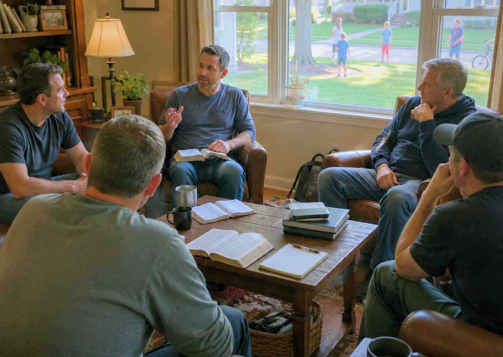 Small group gathered indoors, having conversation over shared books and stories,