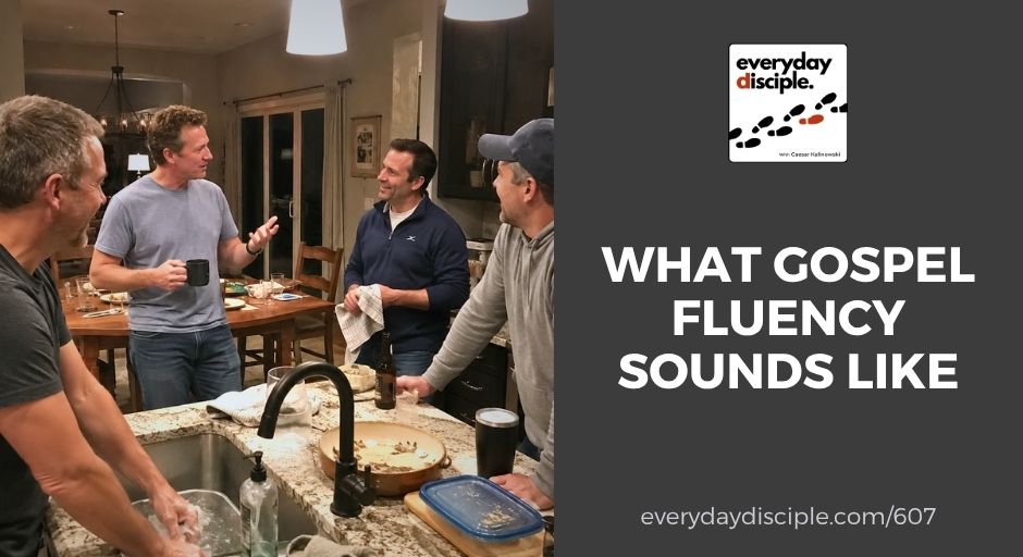 Four men gather in a home kitchen, sharing conversation and laughter, illustrating Christian fellowship, gospel-centered conversations, and discipleship in everyday life.