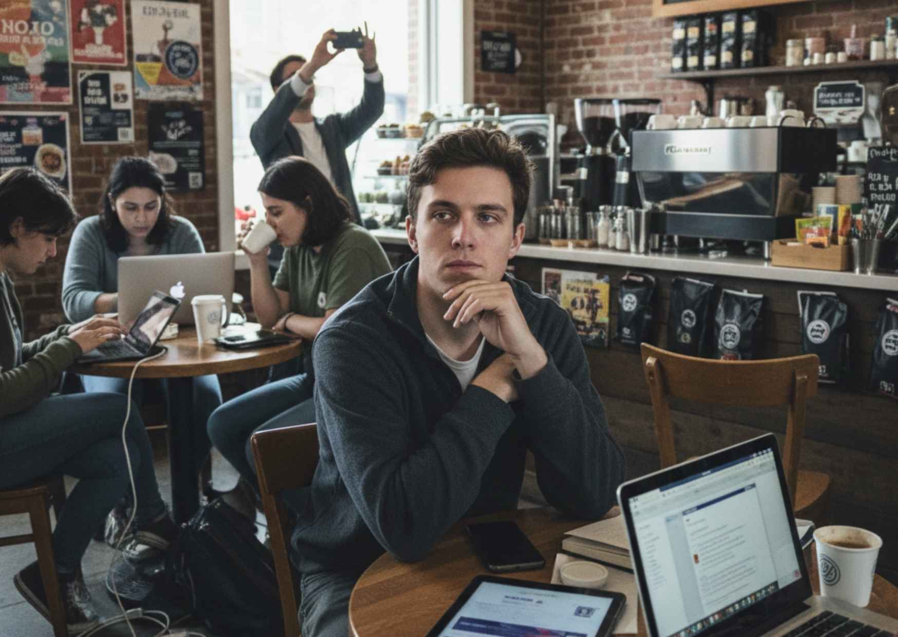 Man sitting in a cafe after a small group meeting, in deep thoughts looking far away