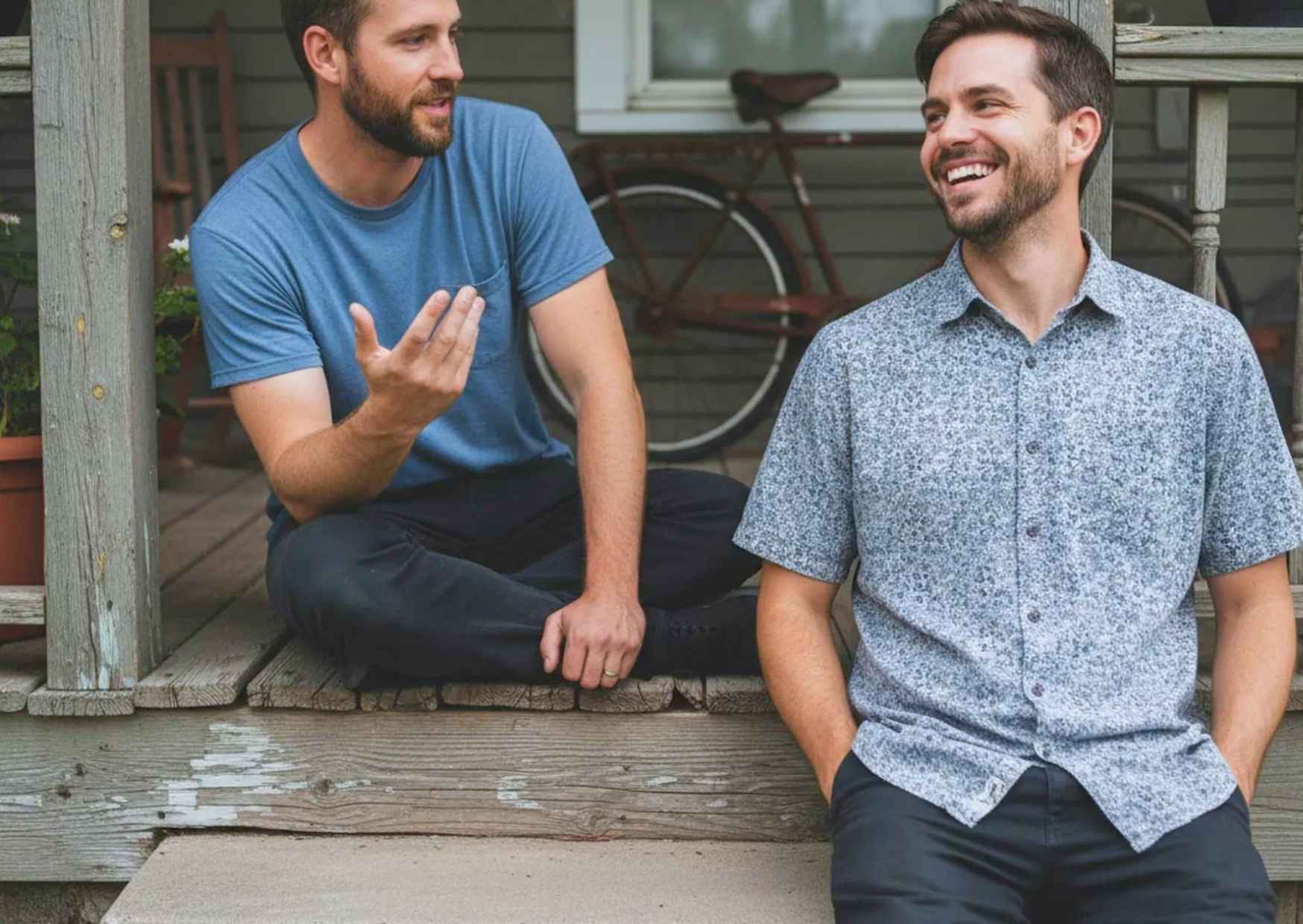 Person in relaxed, easy conversation, laughing genuinely