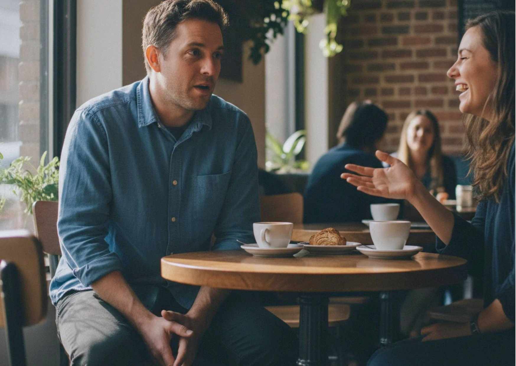 Man struggling to find words in a conversation at a coffee shop