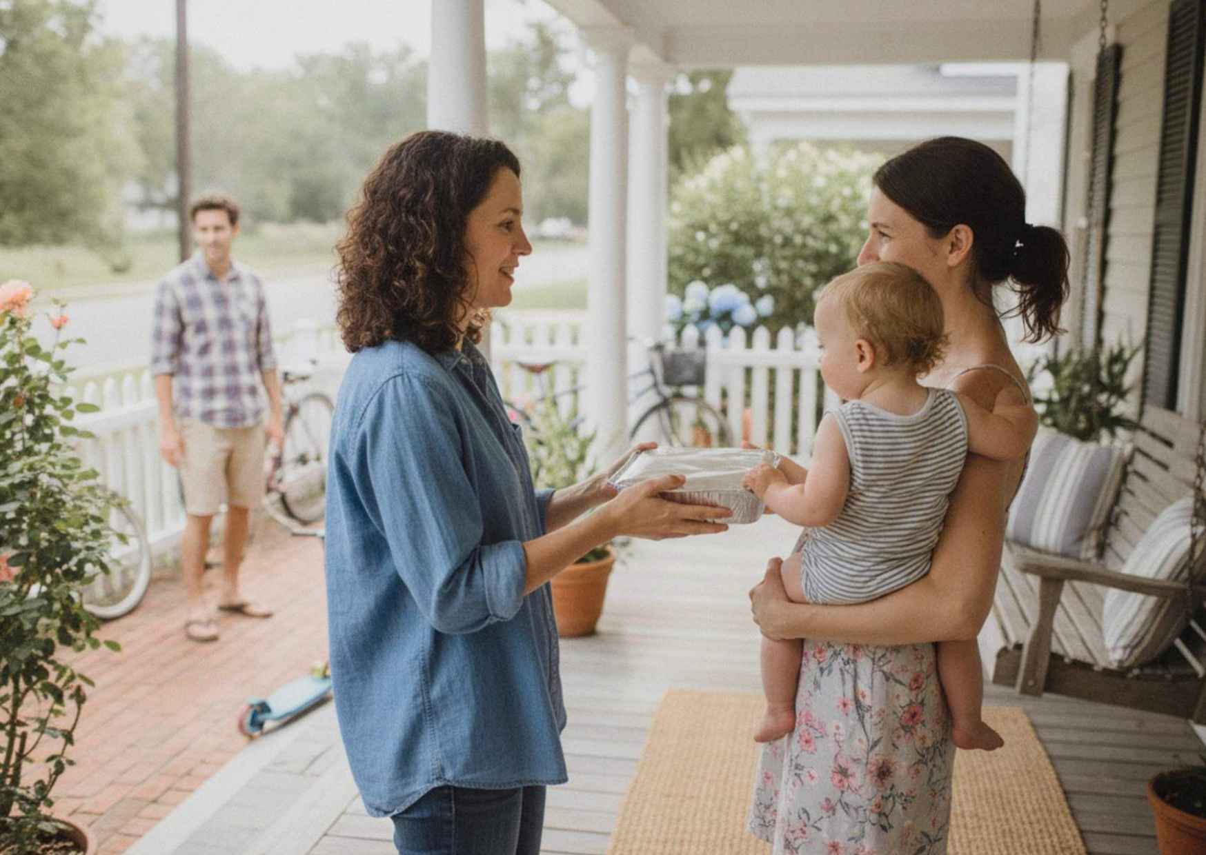 A woman handing a covered dish to a neighbor on a front porch