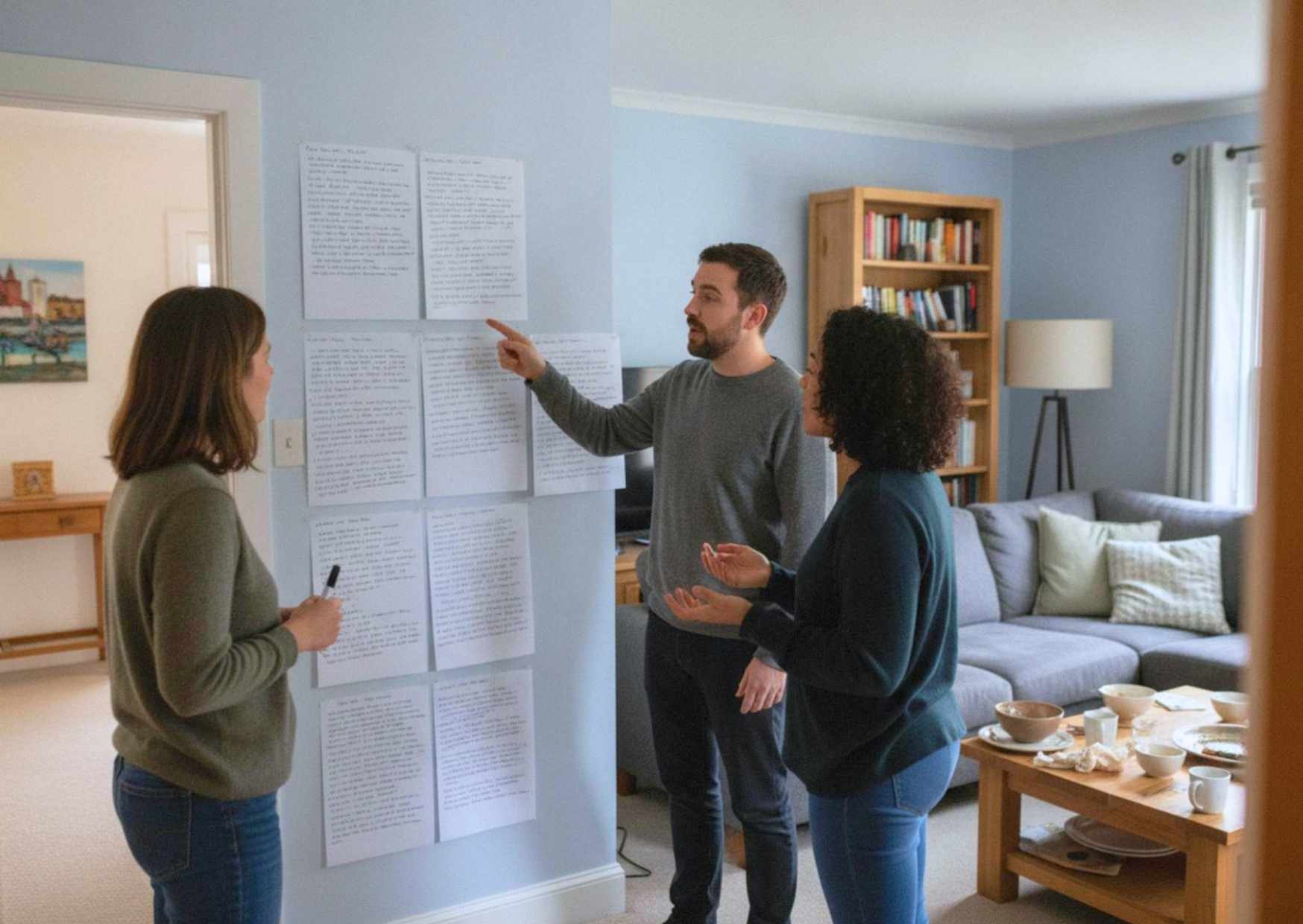 Large chart pages covered in handwriting taped along a living room wall