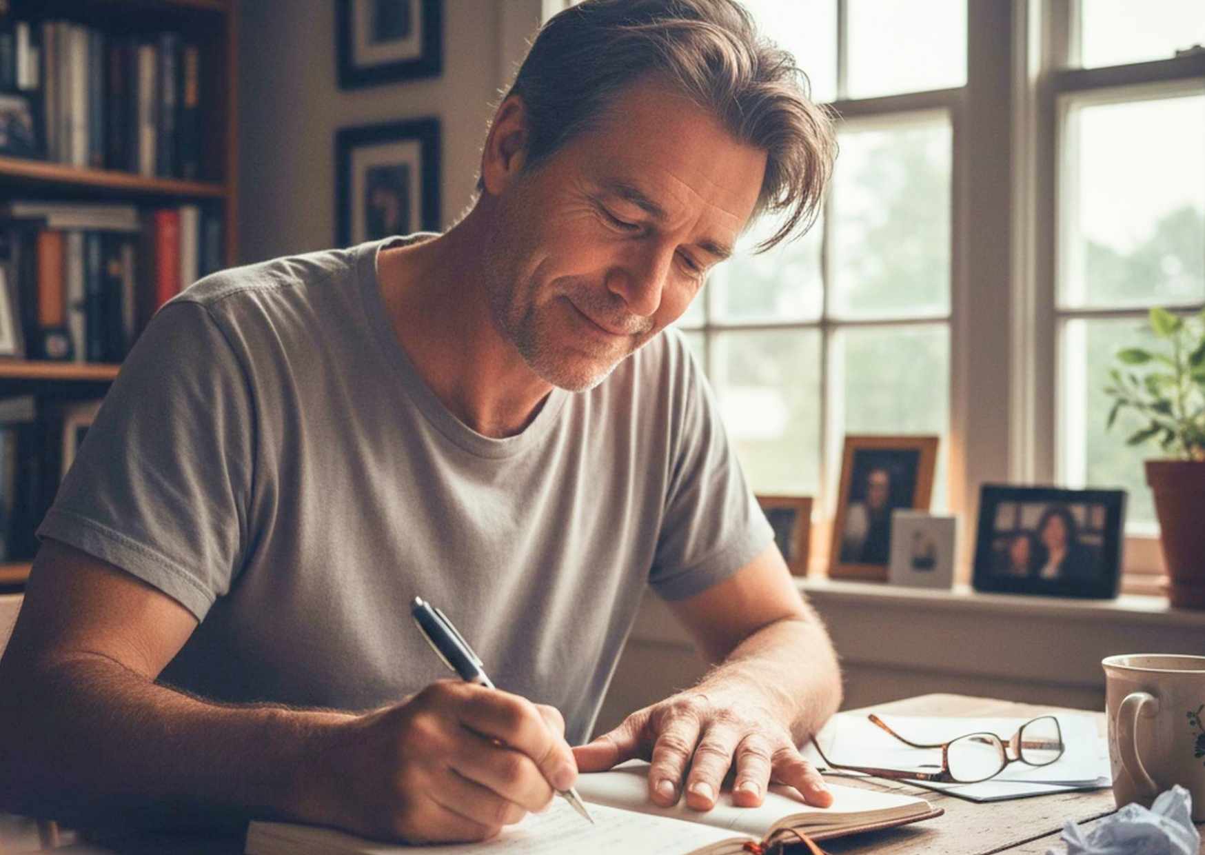 Person reading or journaling with a look of recognition and relief