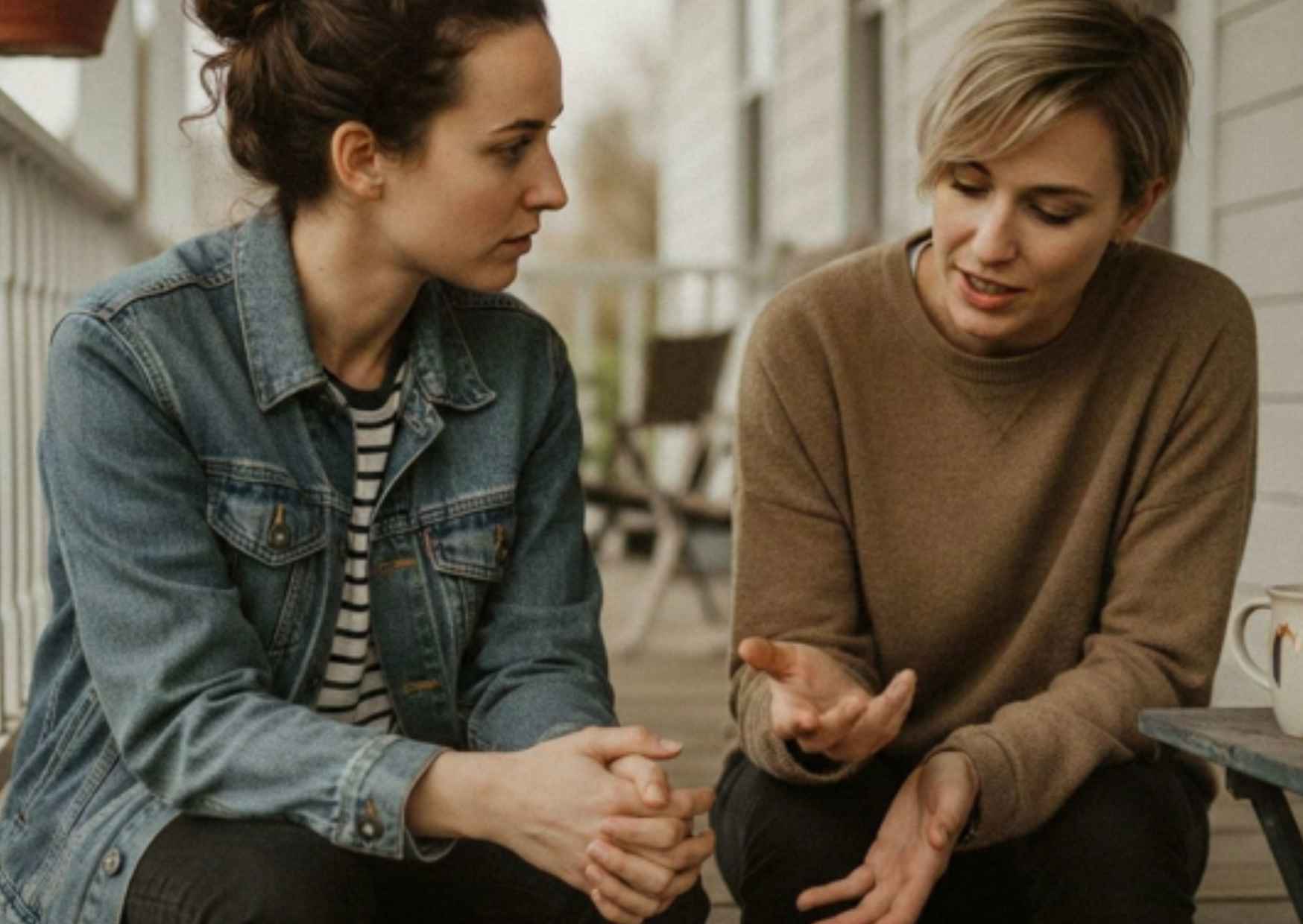 Two adults in genuine candid conversation, connecting rather than presenting