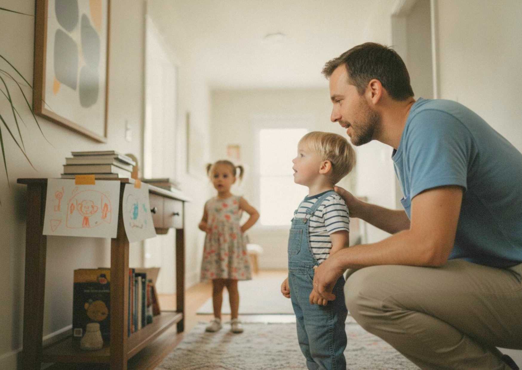A father crouched to eye level talking with his son in a hallway