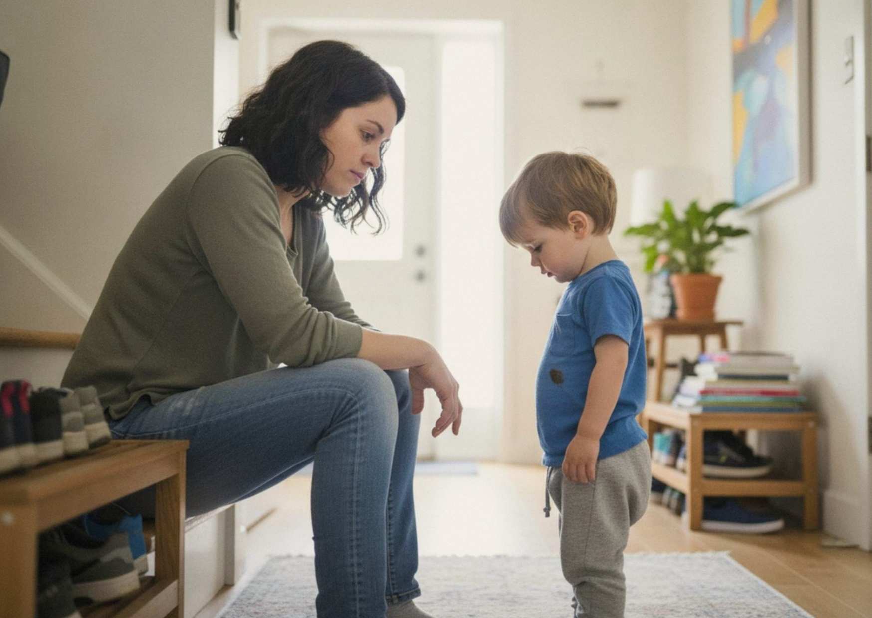 A mother sitting on the stairs talking with a small child who is looking at the floor