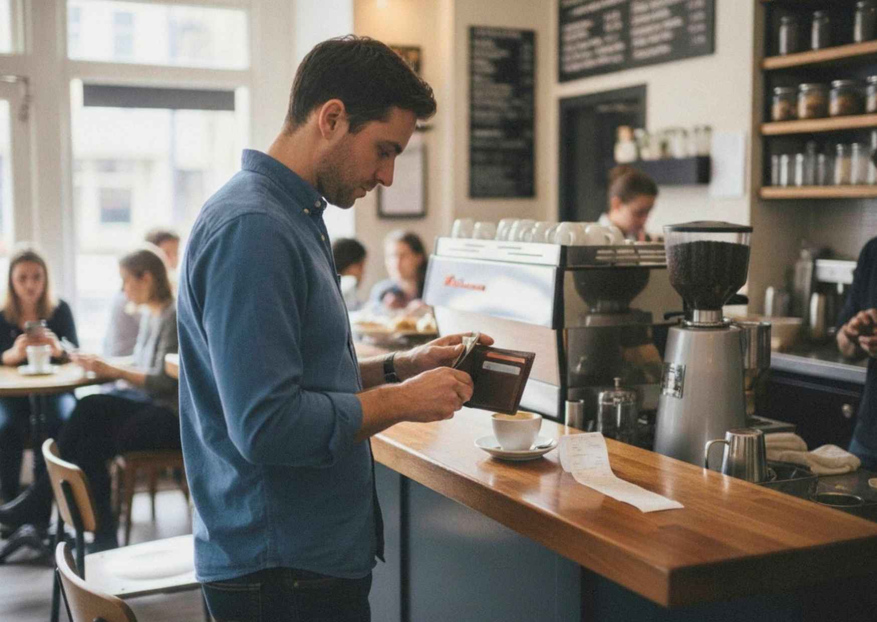 A man leaving cash under his plate as he stands to go, unnoticed