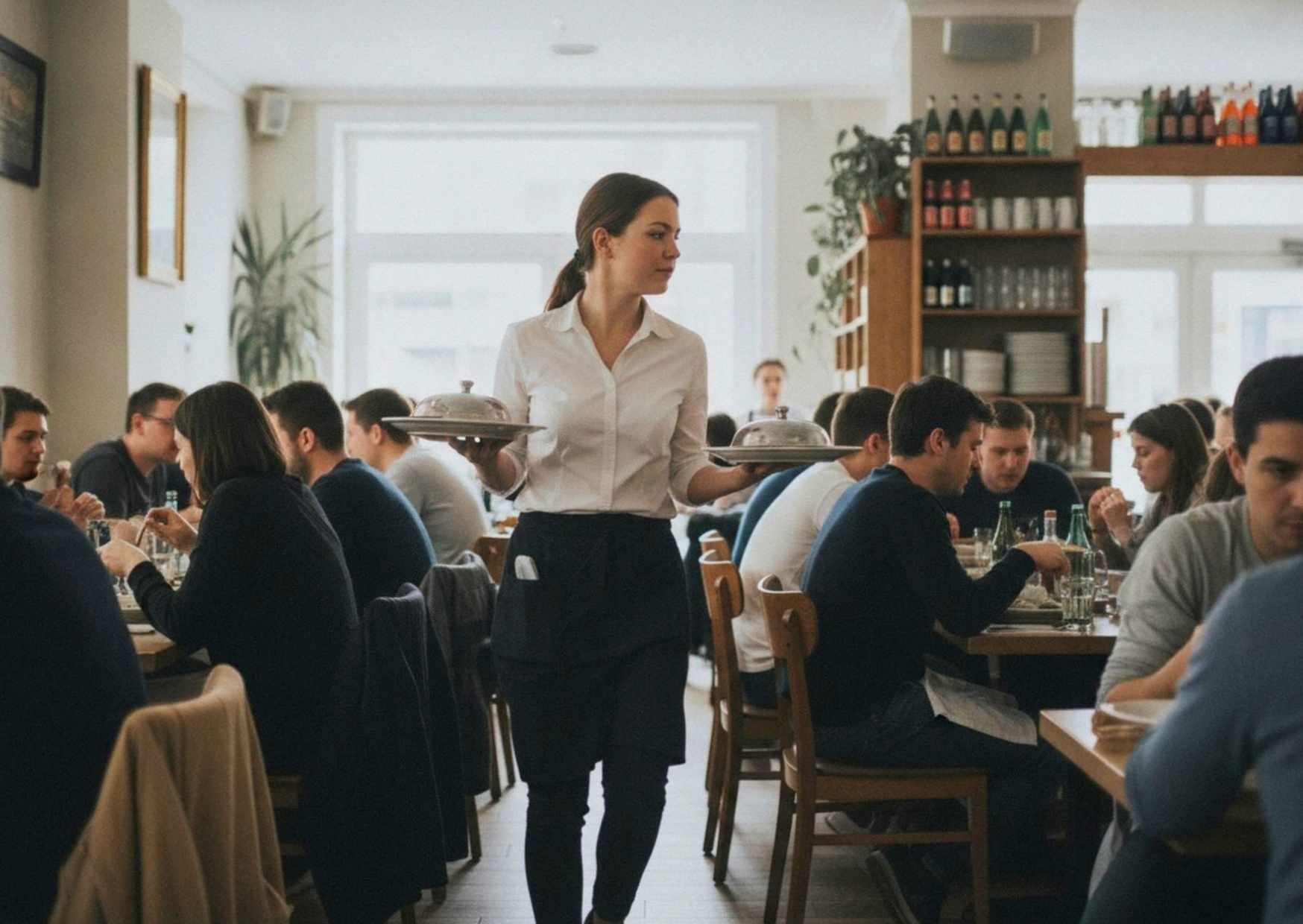A server carrying plates through a busy dining room