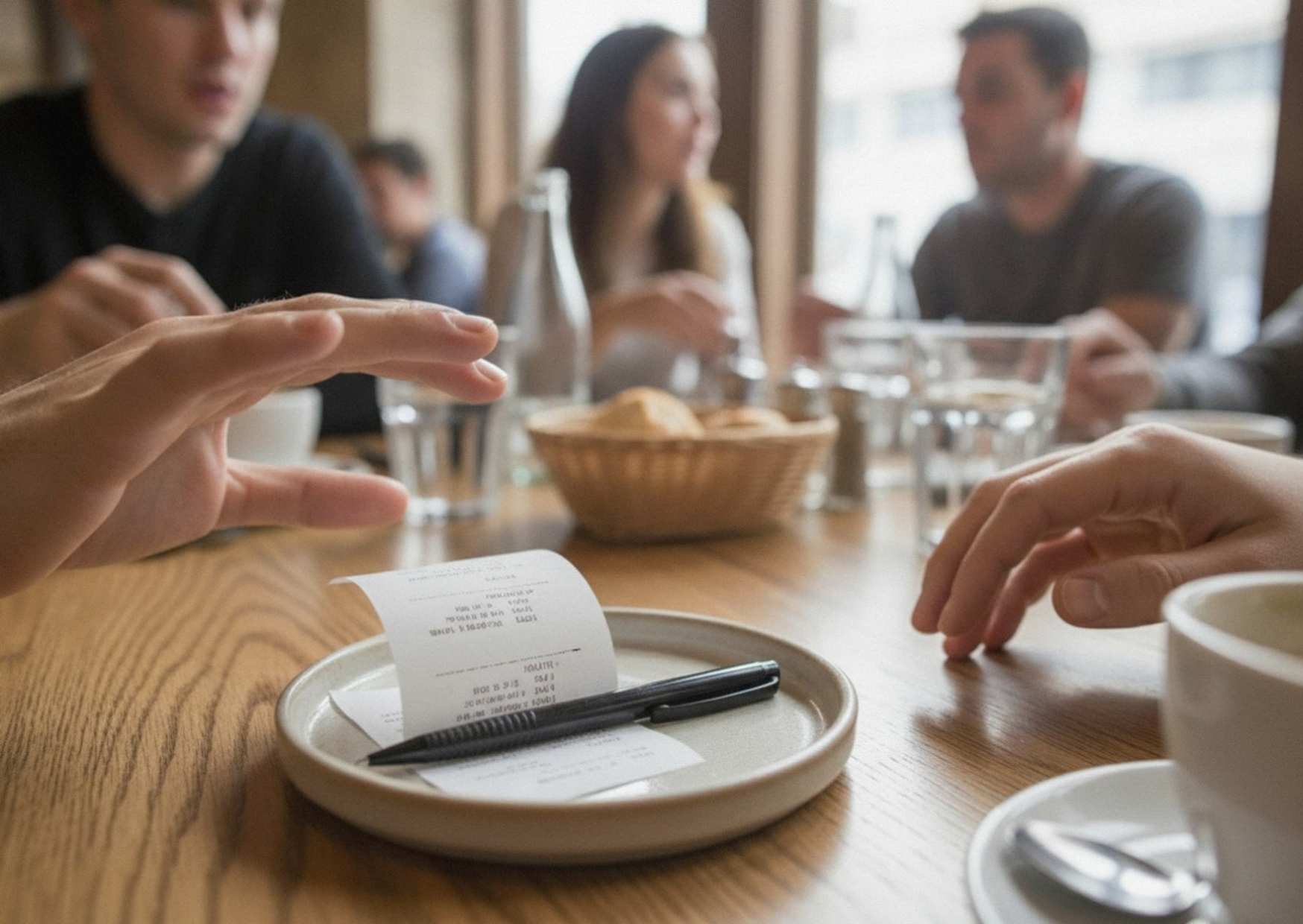 A hand hovering over a receipt at a table